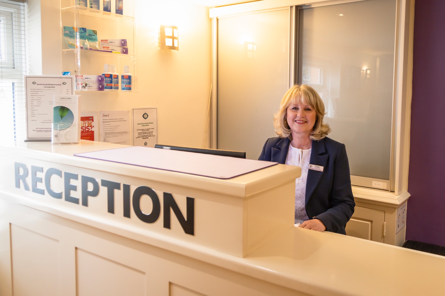 Tracey at North Street Dental Practice reception, Bourne, Lincolnshire
